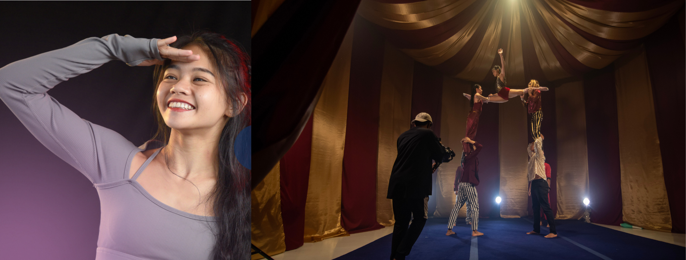 Composite image featuring a smiling portrait of Beverly Wan beside her performing a human balancing act with the Circus of Altrades.